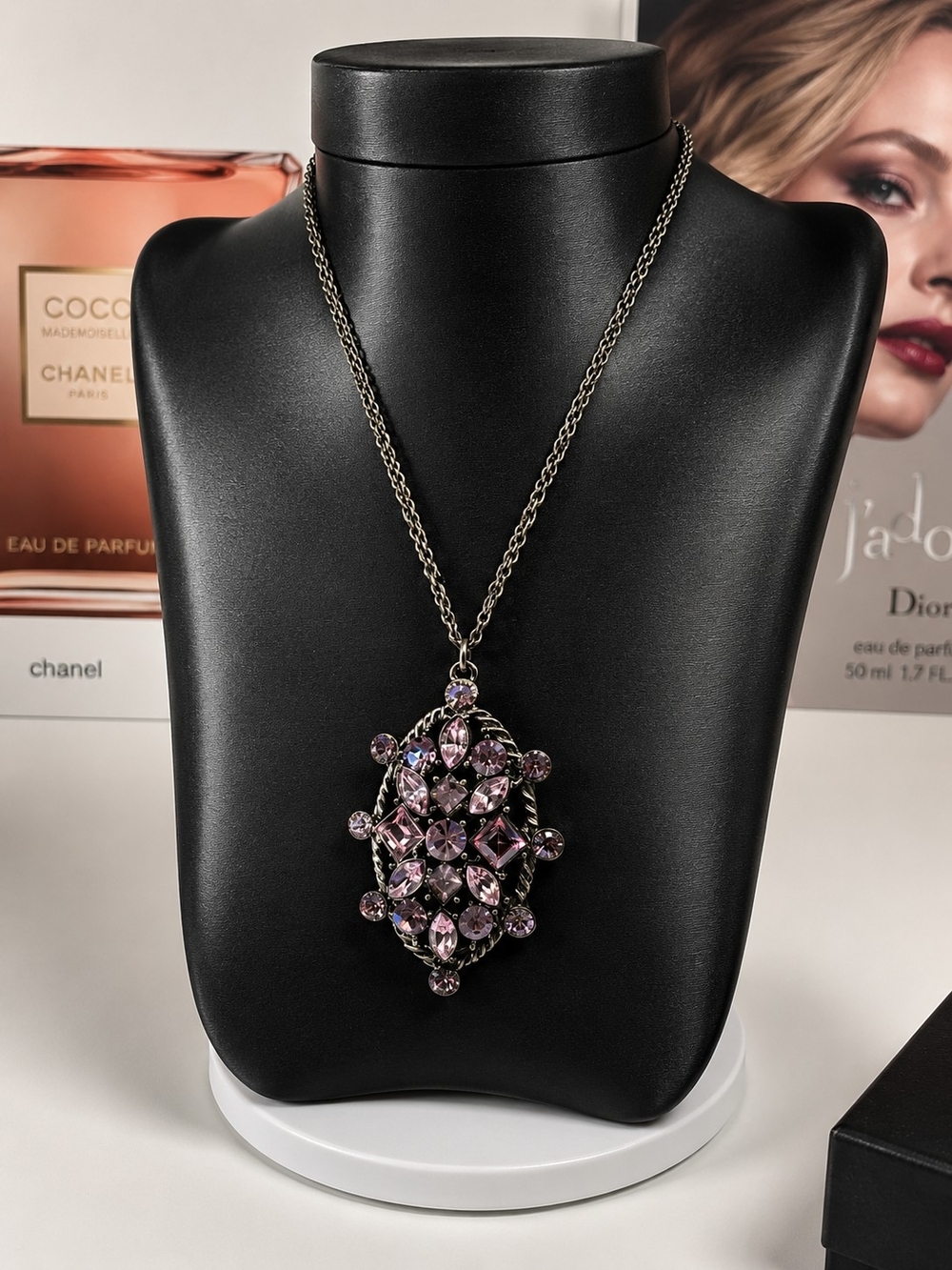 Vintage Style Purple Crystal Statement Pendant Necklace Adjustable